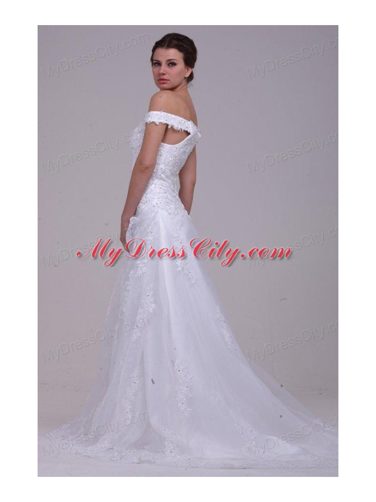 Elegant Column Off The Shoulder Appliques Organza 2014 Wedding Dress