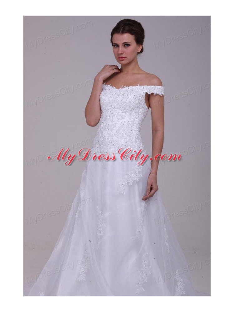 Elegant Column Off The Shoulder Appliques Organza 2014 Wedding Dress