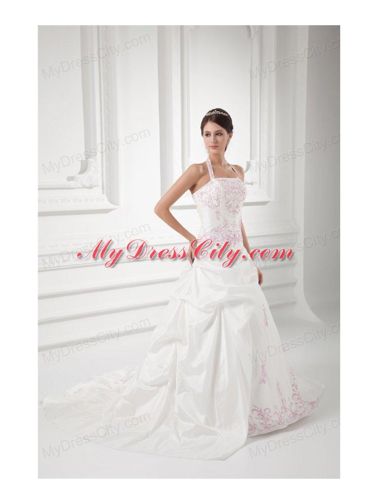 Elegant Halter Top Court Train Wedding Dress with Embroidery and Pick-ups