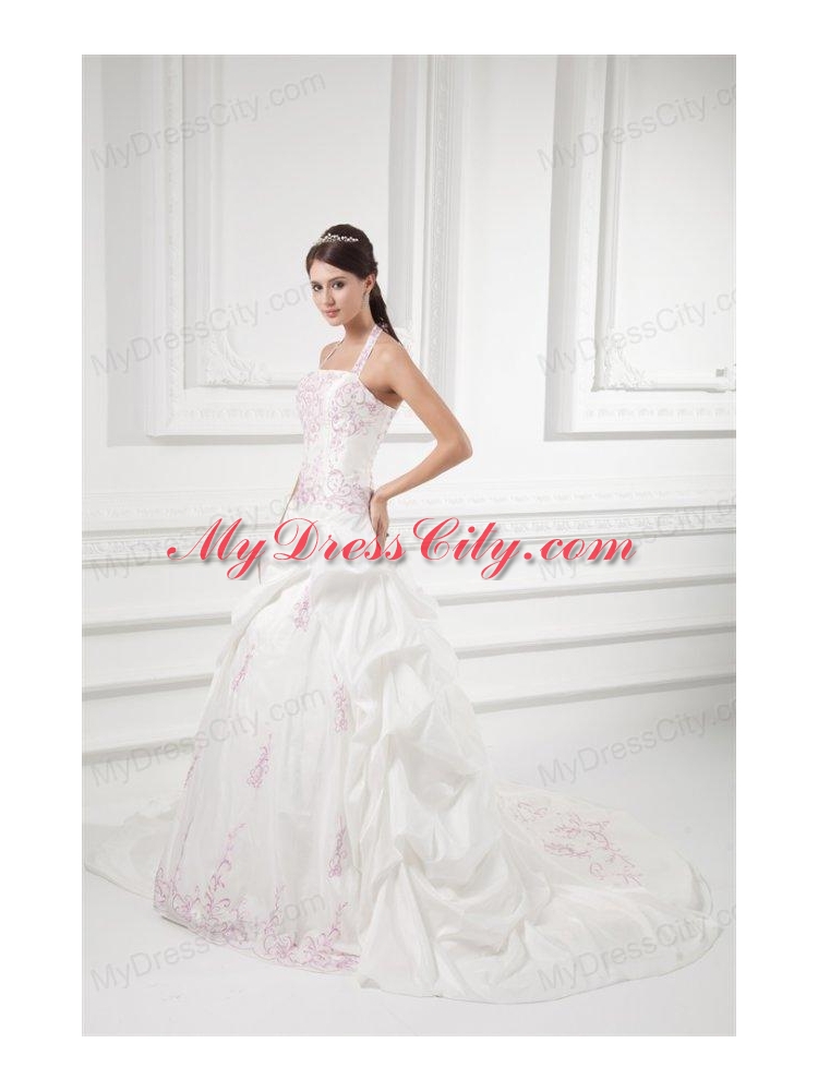 Elegant Halter Top Court Train Wedding Dress with Embroidery and Pick-ups