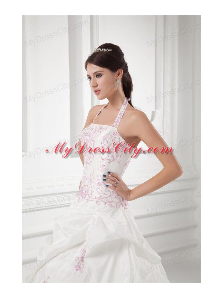 Elegant Halter Top Court Train Wedding Dress with Embroidery and Pick-ups