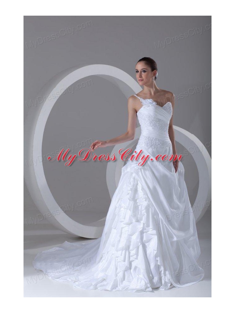 Exquisite Ball Gown One Shoulder Court Train Lace Taffeta Wedding Dress