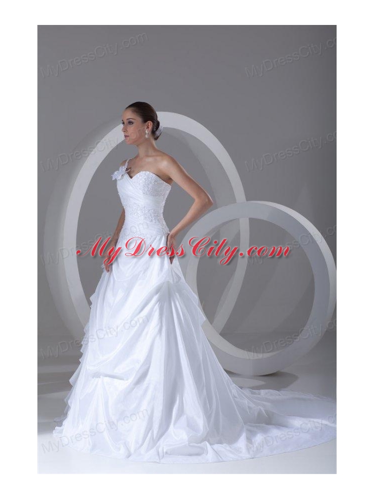 Exquisite Ball Gown One Shoulder Court Train Lace Taffeta Wedding Dress