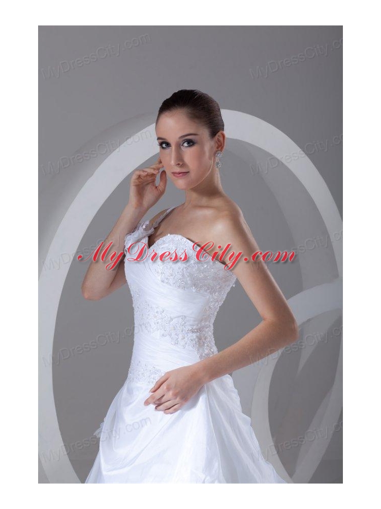 Exquisite Ball Gown One Shoulder Court Train Lace Taffeta Wedding Dress