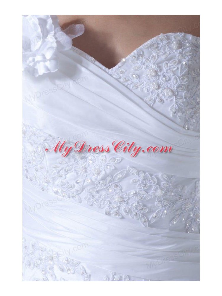 Exquisite Ball Gown One Shoulder Court Train Lace Taffeta Wedding Dress