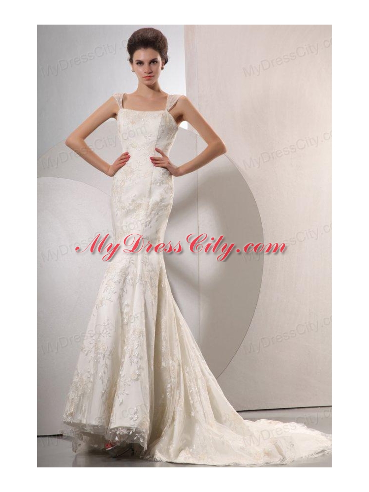 Exquisite Wide Straps Mermaid Lace Court Train Wedding Dress