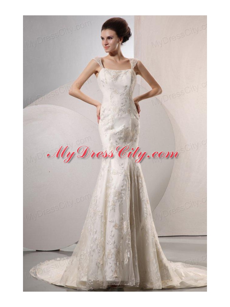 Exquisite Wide Straps Mermaid Lace Court Train Wedding Dress