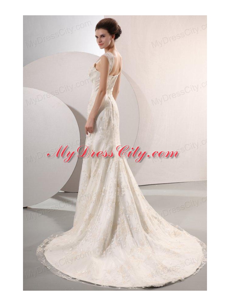 Exquisite Wide Straps Mermaid Lace Court Train Wedding Dress