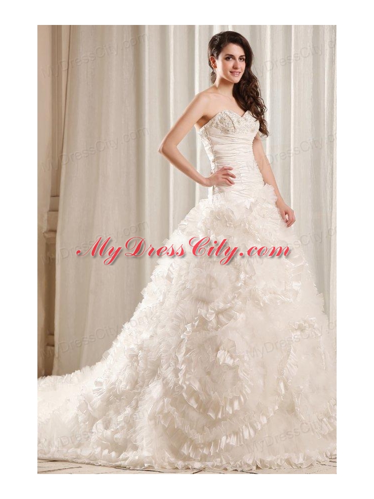 Fashionable A-Line Sweetheart Lace Up Taffeta and Tulle Wedding Dress with Court Train