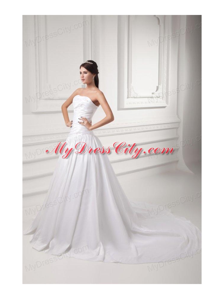 Gorgeous A-line Strapless Chapel Train Wedding Dress with Beading