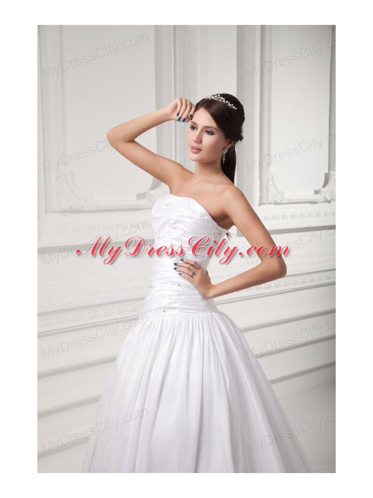 Gorgeous A-line Strapless Chapel Train Wedding Dress with Beading