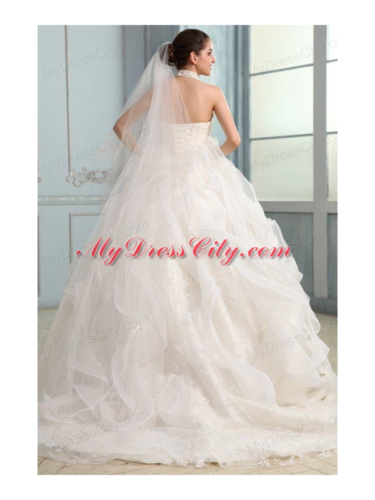 Halter Top Neck Organza Ball Gown Wedding Dress with Appliques 232.58