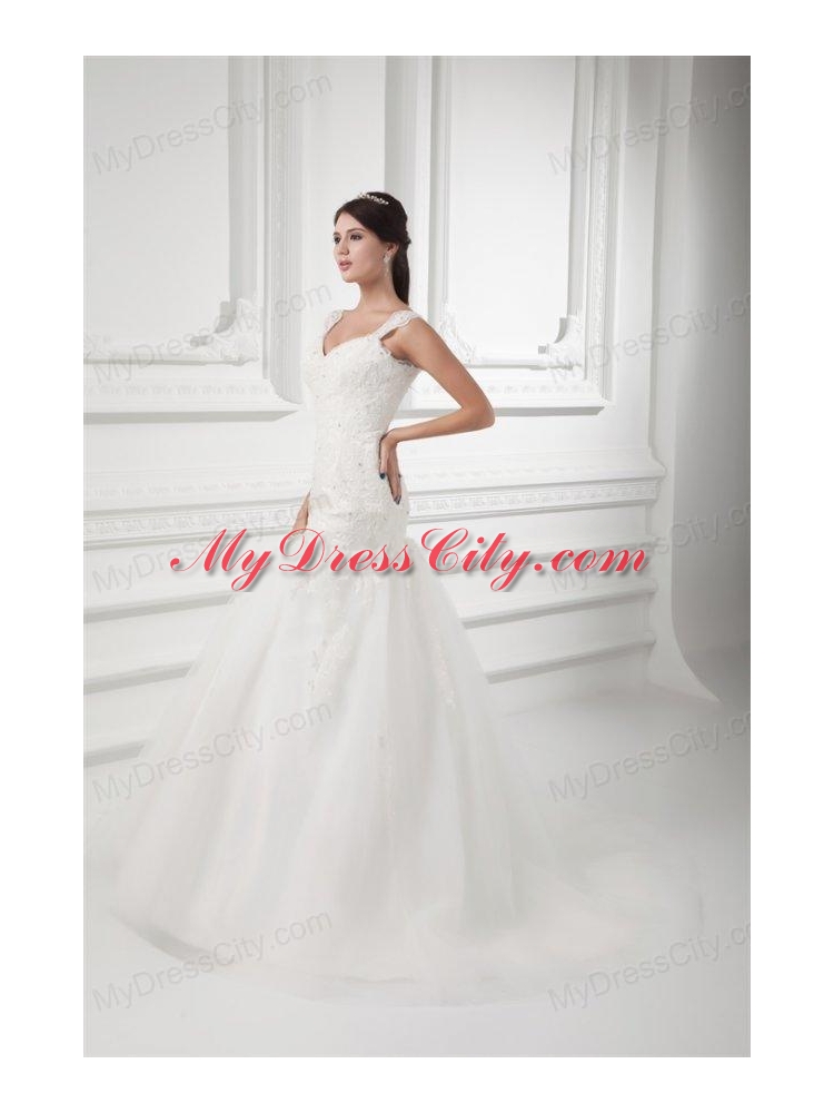 Luxurious A-line Straps Wedding Dress with Lace Sweep Train