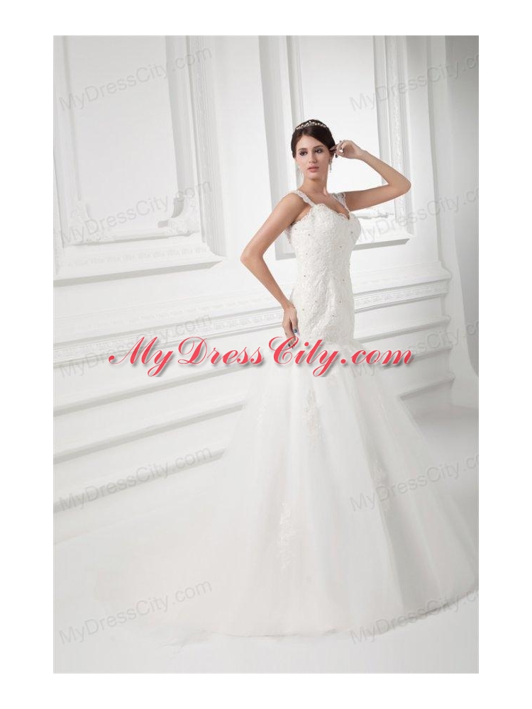 Luxurious A-line Straps Wedding Dress with Lace Sweep Train