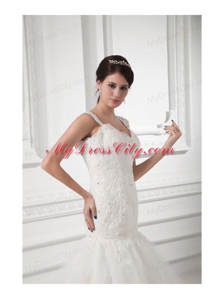 Luxurious A-line Straps Wedding Dress with Lace Sweep Train