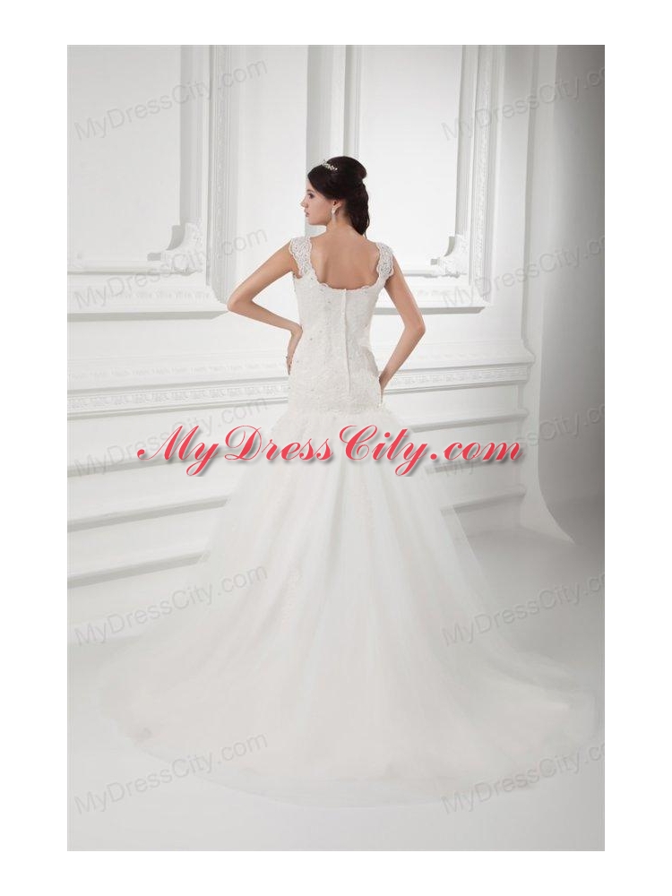 Luxurious A-line Straps Wedding Dress with Lace Sweep Train