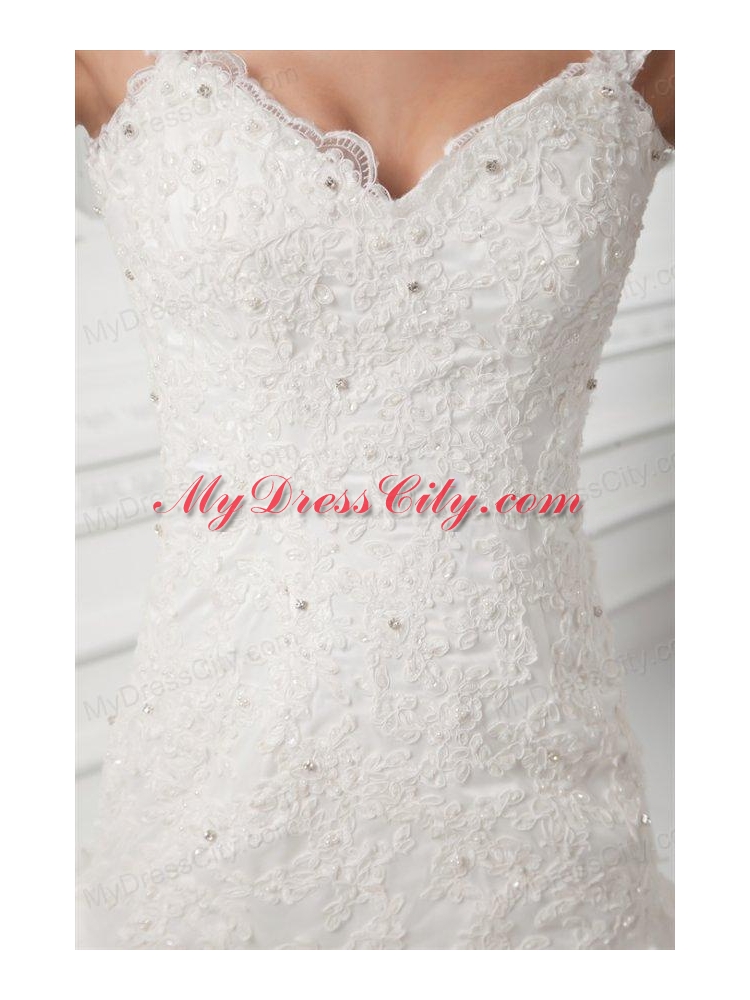 Luxurious A-line Straps Wedding Dress with Lace Sweep Train