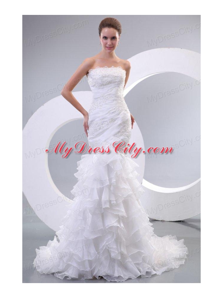 Luxurious Mermaid Strapless Organza 2014 Wedding Dress with Zipper-up