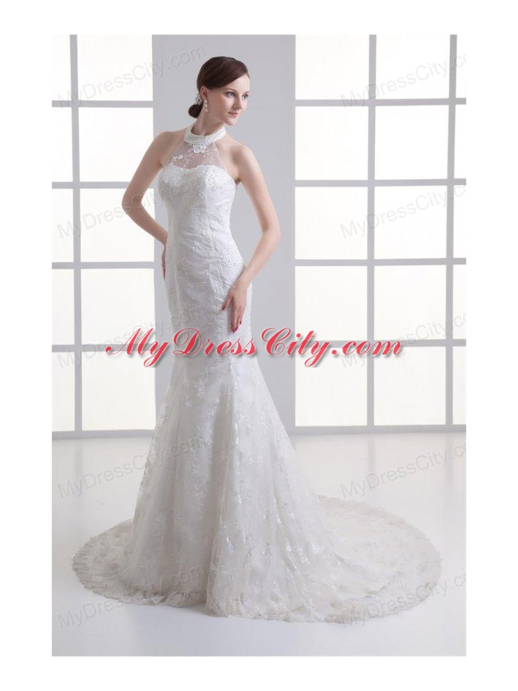 Mermaid Halter Top Lace Court Train Wedding Dress