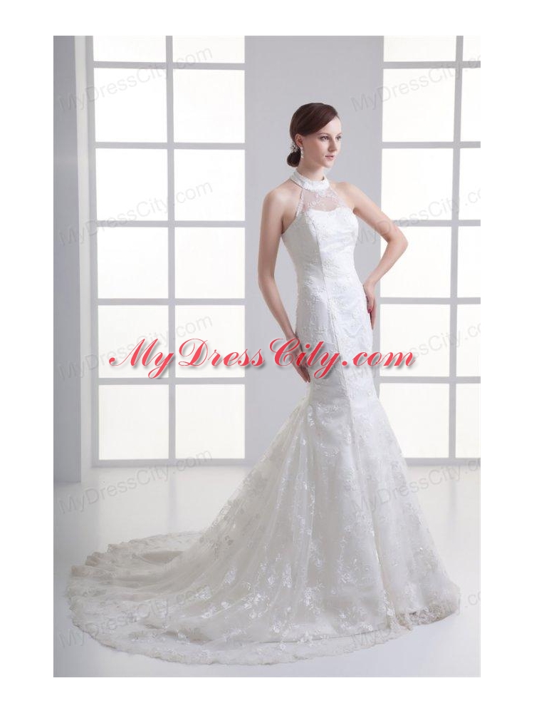 Mermaid Halter Top Lace Court Train Wedding Dress