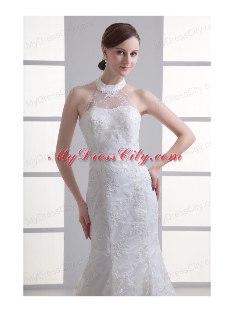 Mermaid Halter Top Lace Court Train Wedding Dress