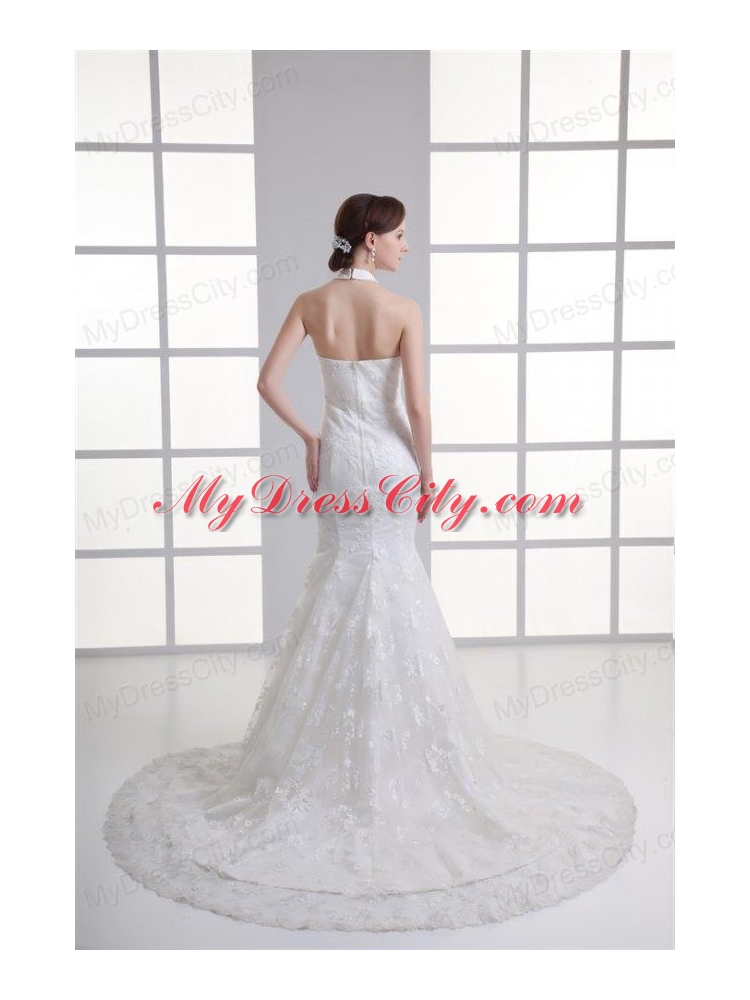 Mermaid Halter Top Lace Court Train Wedding Dress