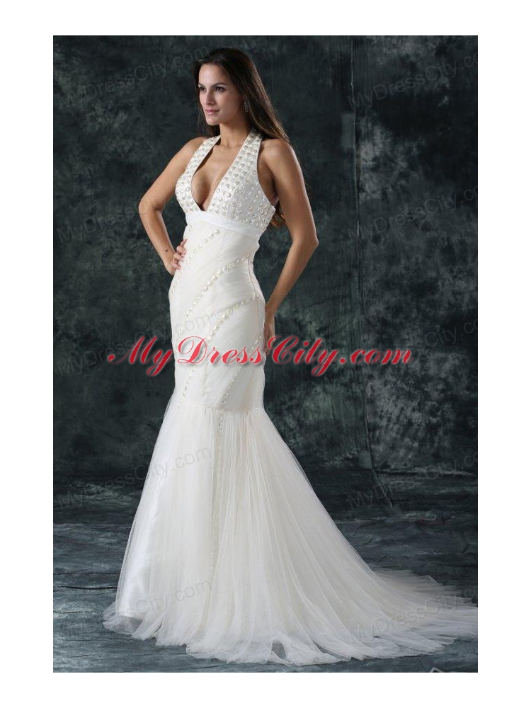 Mermaid  Halter Tulle Court Train Beading 2014 Spring Wedding Dress