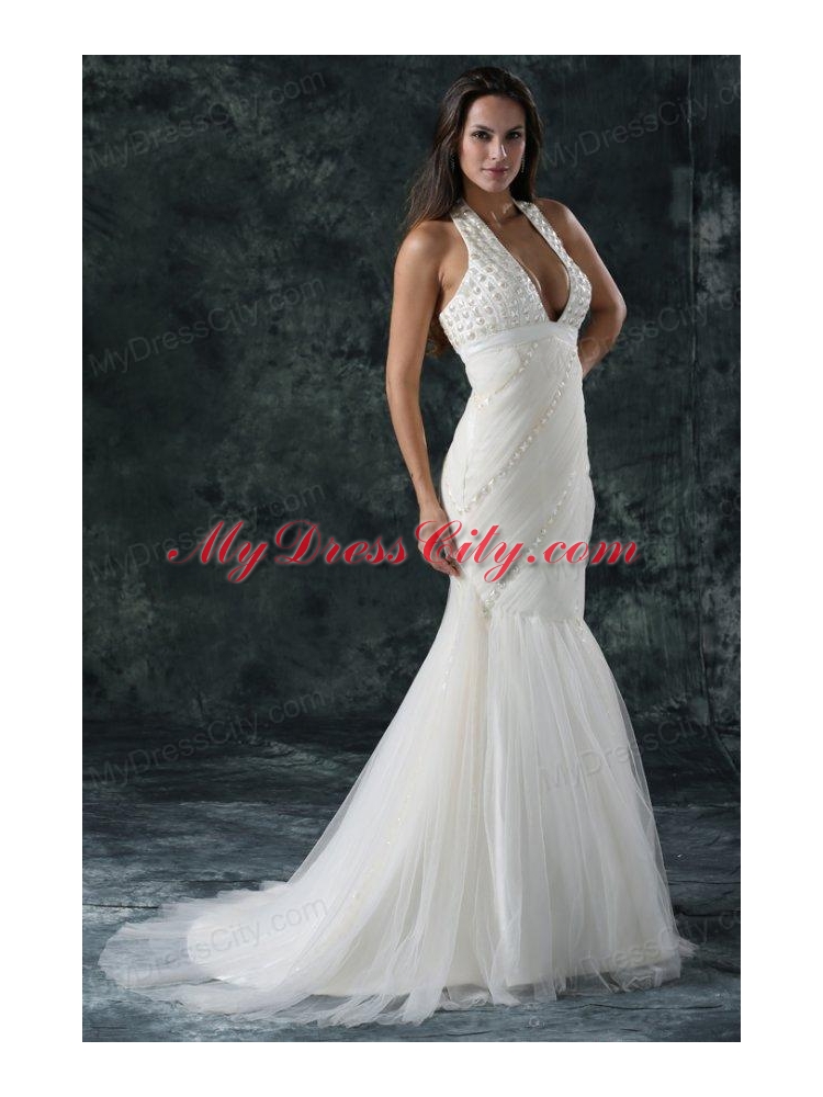 Mermaid  Halter Tulle Court Train Beading 2014 Spring Wedding Dress