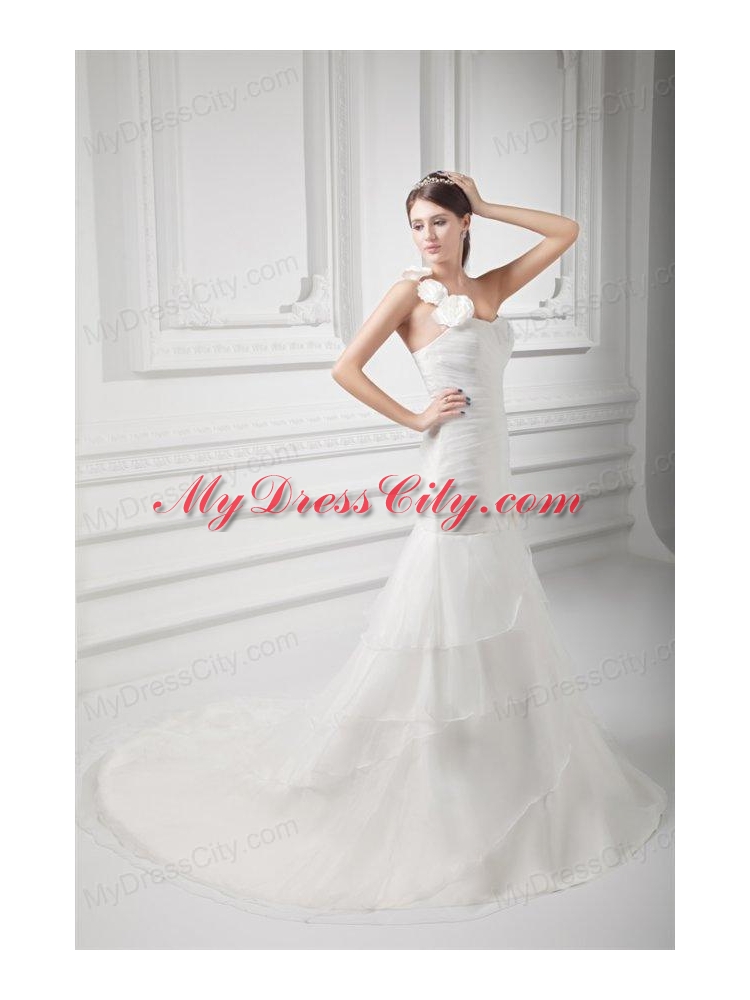 Mermaid One Shoulder Flowers Wedding Dress with Court Train