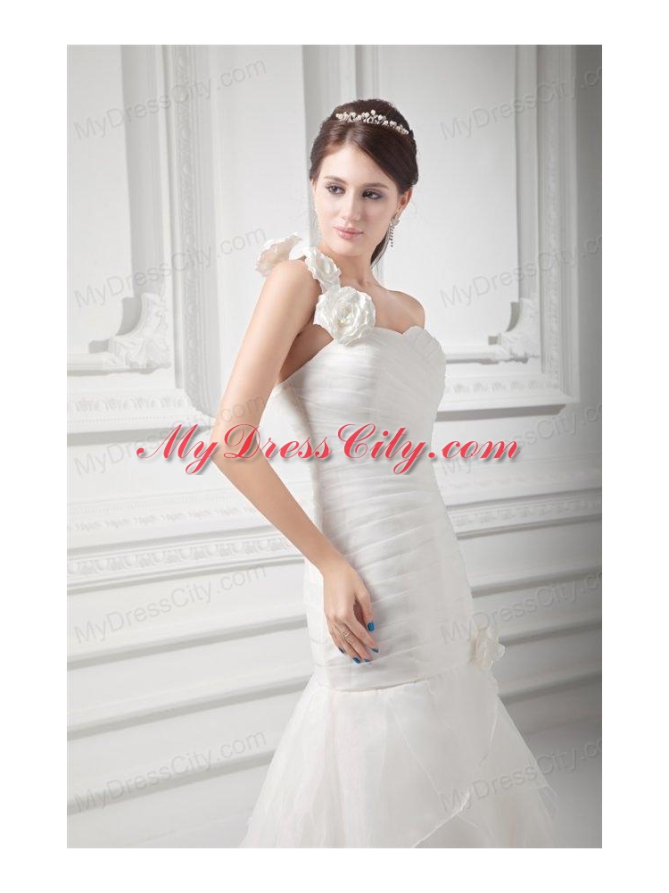 Mermaid One Shoulder Flowers Wedding Dress with Court Train