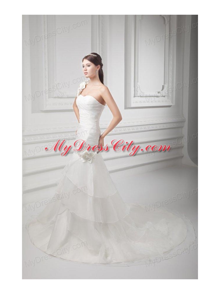 Mermaid One Shoulder Flowers Wedding Dress with Court Train