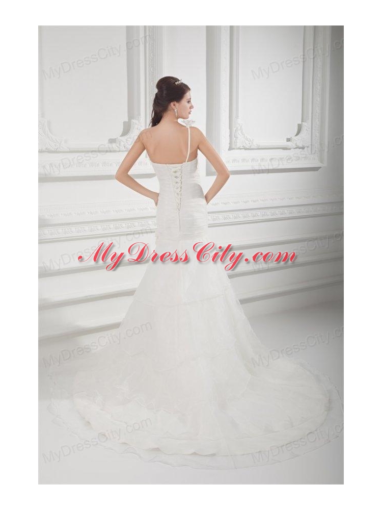 Mermaid One Shoulder Flowers Wedding Dress with Court Train