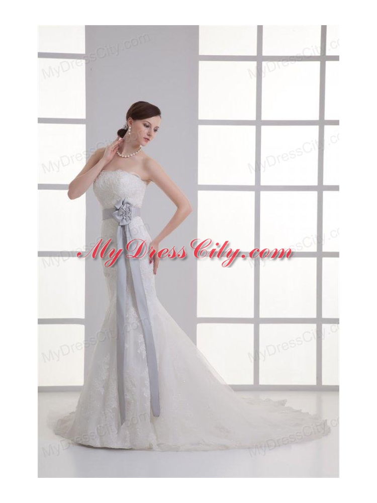 Mermaid Strapless Lace Zipper Up Lace Wedding Dress with Court Train