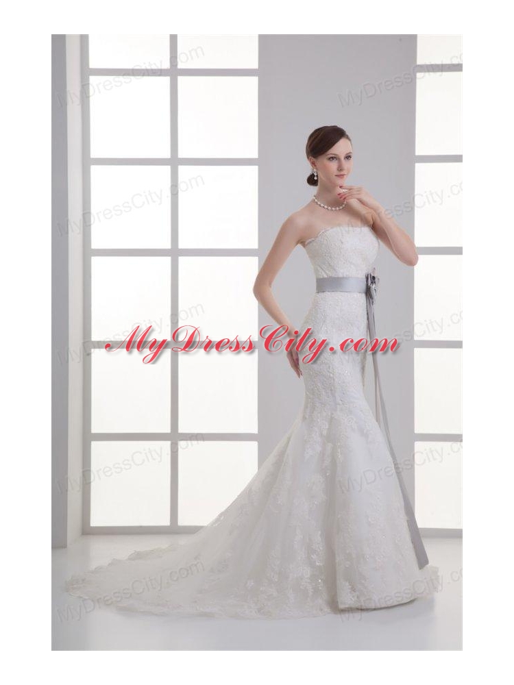 Mermaid Strapless Lace Zipper Up Lace Wedding Dress with Court Train