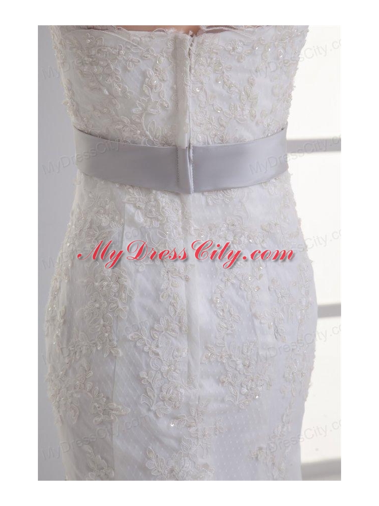 Mermaid Strapless Lace Zipper Up Lace Wedding Dress with Court Train