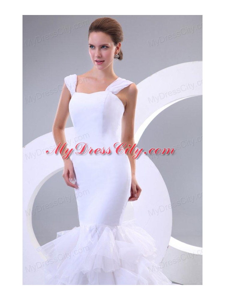 Mermaid Straps Ruffles Organza Chapel Train Wedding Dress