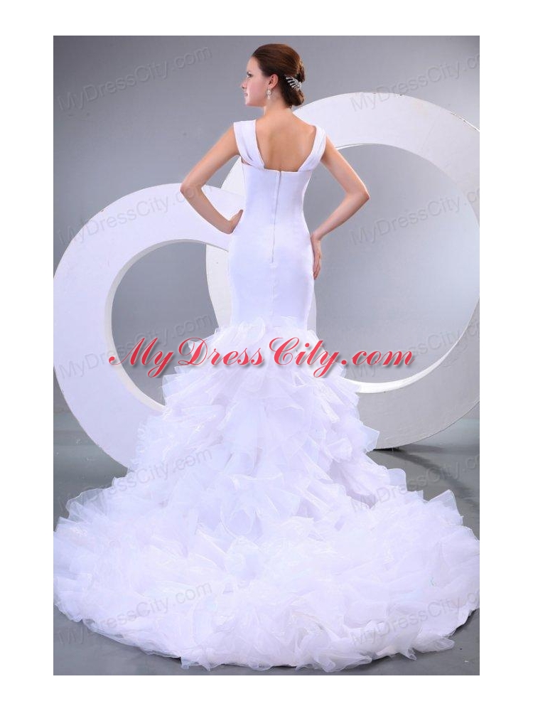 Mermaid Straps Ruffles Organza Chapel Train Wedding Dress