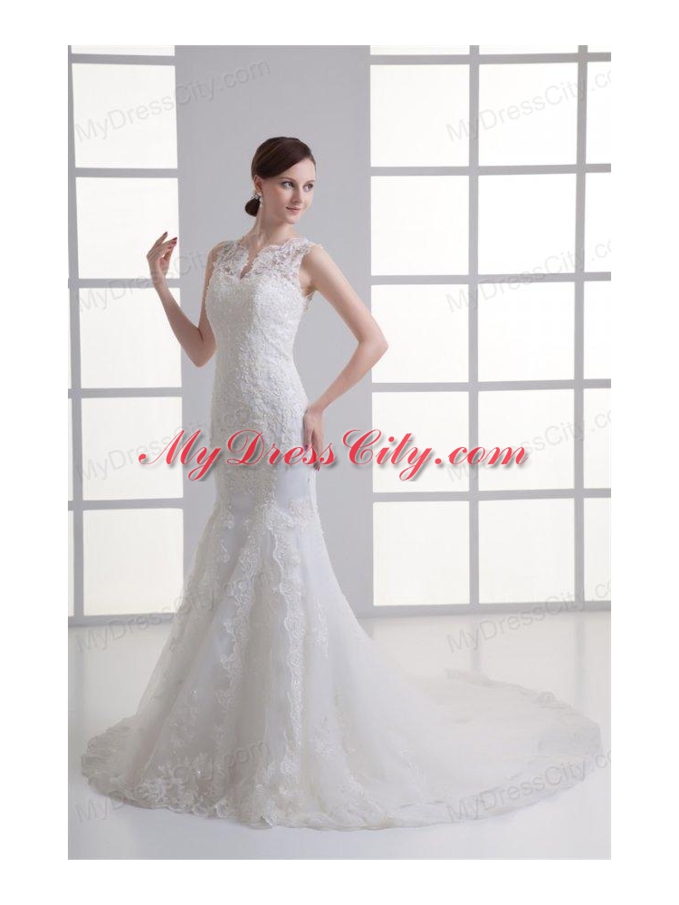 Mermaid V-Neck Lace Appliques Court Train Wedding Dress with Zipper Up