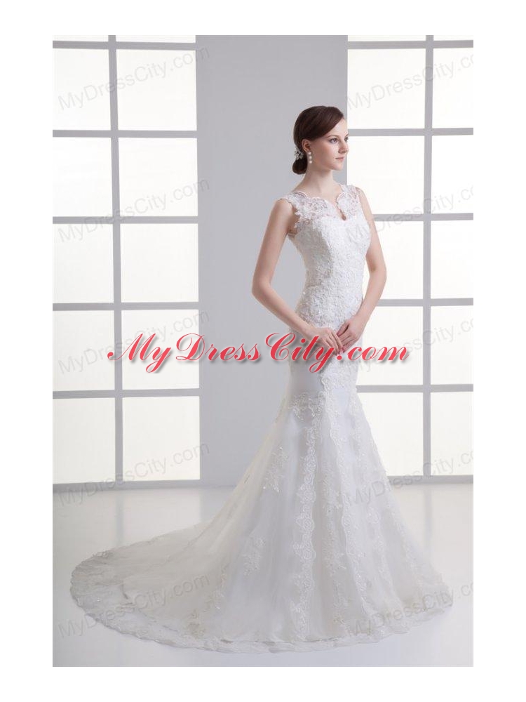 Mermaid V-Neck Lace Appliques Court Train Wedding Dress with Zipper Up