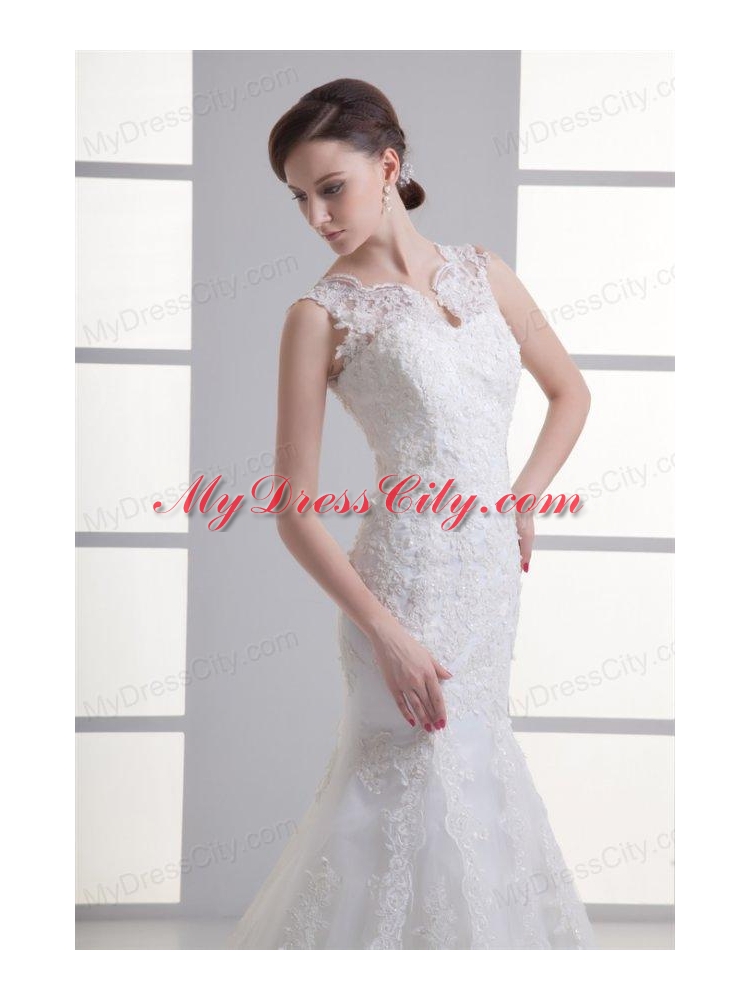 Mermaid V-Neck Lace Appliques Court Train Wedding Dress with Zipper Up