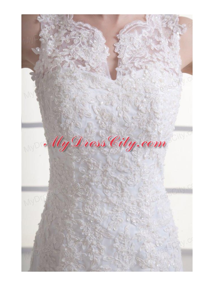 Mermaid V-Neck Lace Appliques Court Train Wedding Dress with Zipper Up