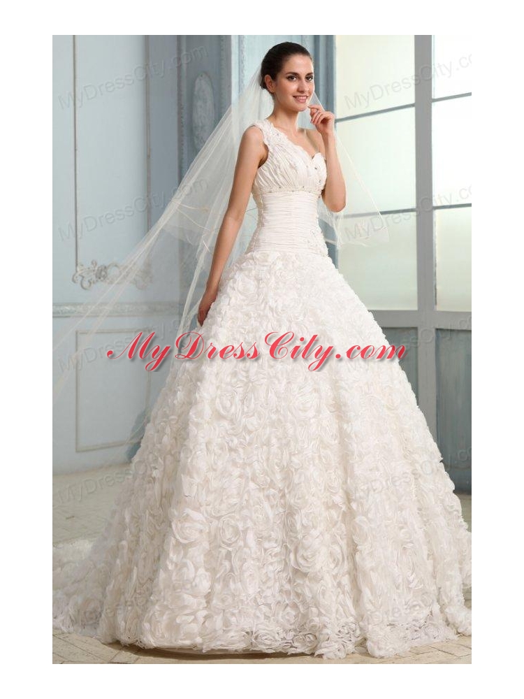 One Shoulder A-line Brush Train Wedding Dress with Beading and Ruffles