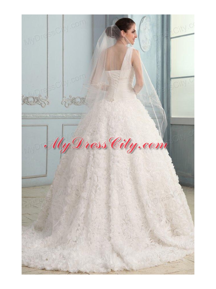 One Shoulder A-line Brush Train Wedding Dress with Beading and Ruffles