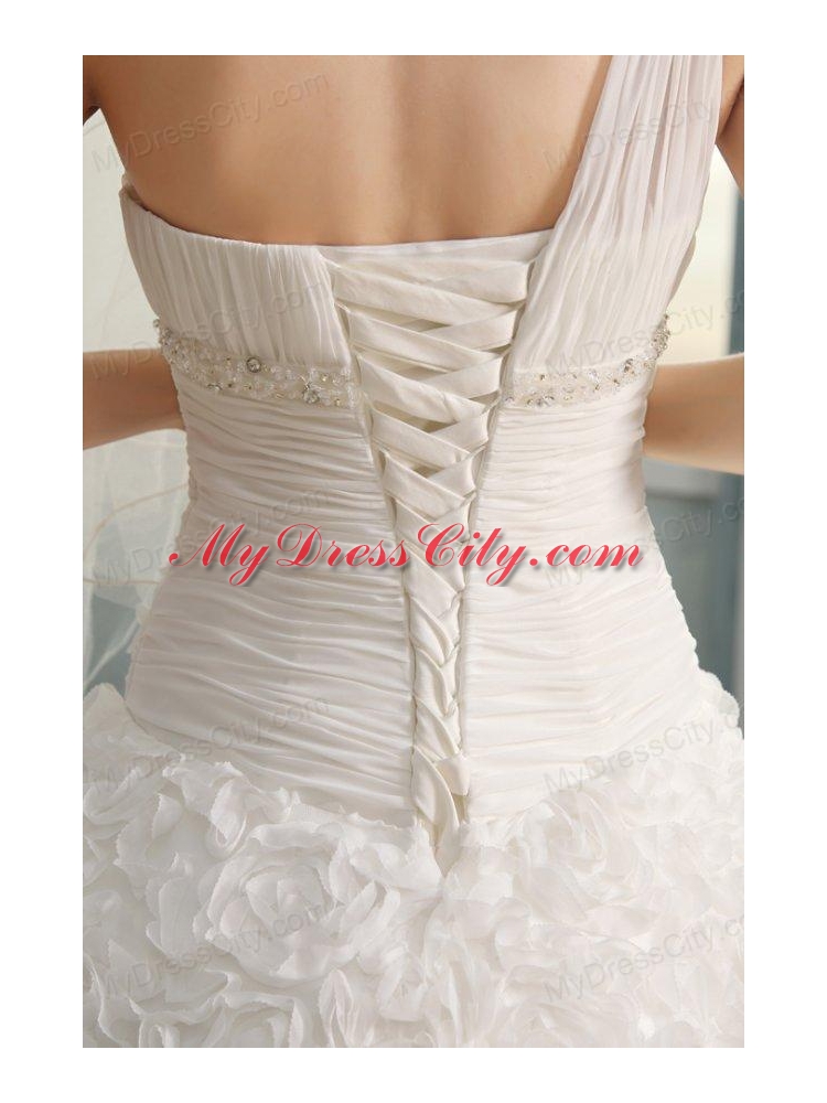 One Shoulder A-line Brush Train Wedding Dress with Beading and Ruffles