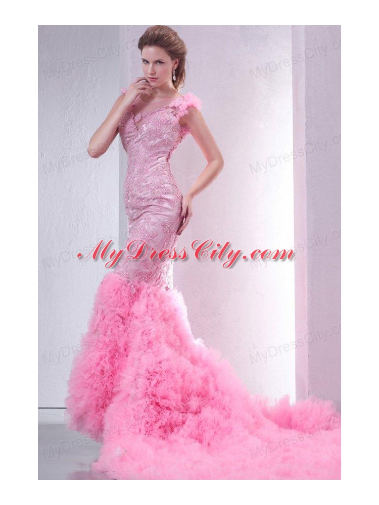 Pink Mermaid V-neck Chapel Train Wedding Dress with Beading