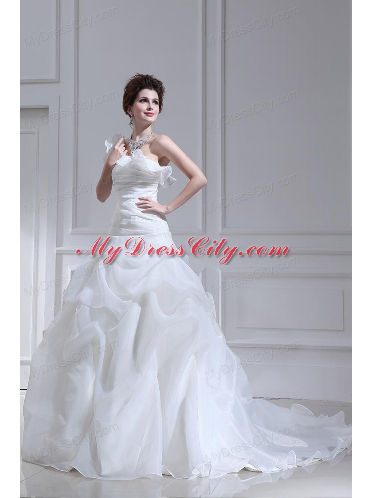 Princess One Shoulder Court Train Wedding Dress with Pick-ups and Ruching