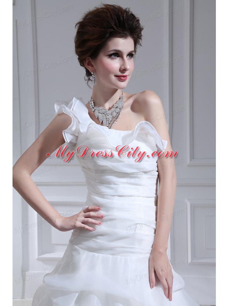 Princess One Shoulder Court Train Wedding Dress with Pick-ups and Ruching