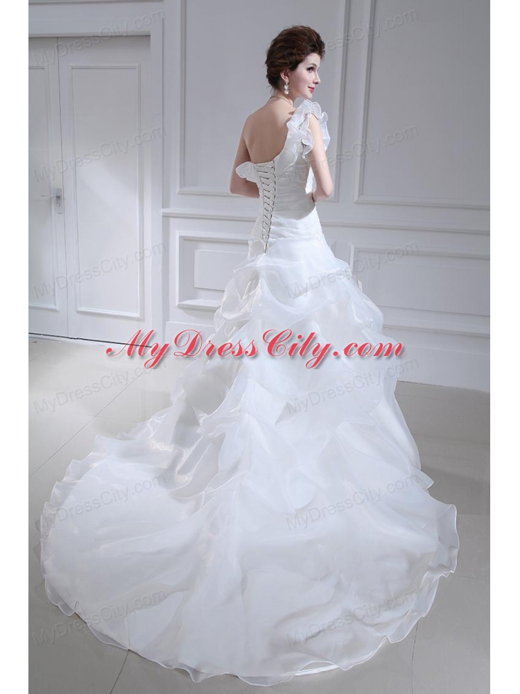 Princess One Shoulder Court Train Wedding Dress with Pick-ups and Ruching