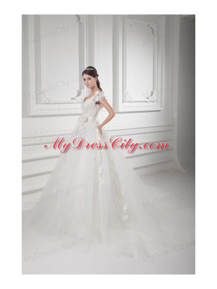 Romantic A-line V-neck Wedding Dress with Appliques and Embroidery