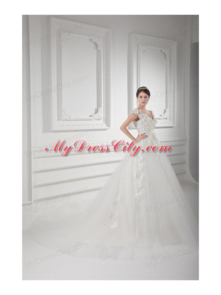 Romantic A-line V-neck Wedding Dress with Appliques and Embroidery